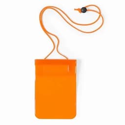 An orange waterproof pouch with a string neck strap and toggle closure. Ideal for protecting small items.
