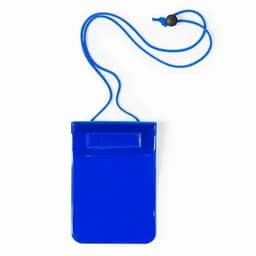 A blue waterproof pouch with a neck strap, designed to hold small items securely.