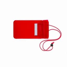 A red waterproof pouch with a clear front and a red cord for securing it, featuring a silver metallic closure.