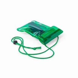 A green waterproof pouch with a drawstring closure and a lanyard for secure carrying.