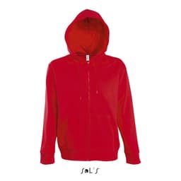 A red men's hoodie with a lined hood, hidden zip, made of 50% cotton and 50% polyester. Features a logo.