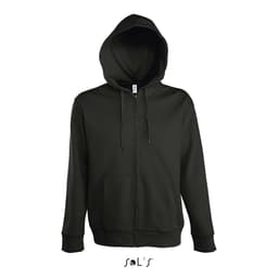 A black lined hoodie with a hidden zip, made of 50% cotton and 50% polyester, featuring a logo.