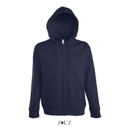 A navy blue hoodie with a lined hood, hidden zip, and a logo, made from 50% cotton and 50% polyester.