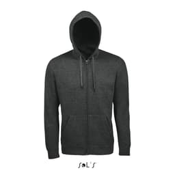 A men's hooded sweatshirt in dark grey with a lined hood, hidden zip, and two front pockets. It features a logo.