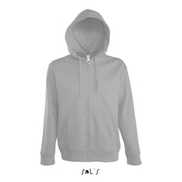 A grey men's lined hoodie with a hidden zip, made from 50% cotton and 50% polyester. Features a logo.