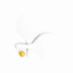 A ping pong paddle and a yellow ball on a white background. The paddle is predominantly white.