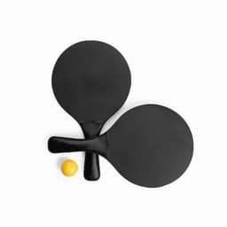 Two black table tennis paddles crossed over a yellow ping pong ball.