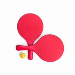 Two red paddle bats and a yellow ping pong ball arranged in a flat layout.