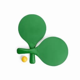 A set of green paddle bats and a yellow ball, arranged on a white background.