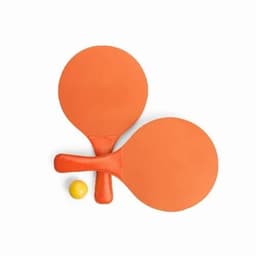 Two orange table tennis paddles crossed over a yellow ping pong ball.
