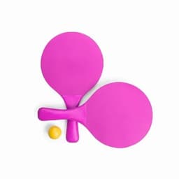 A set of pink paddle bats and a yellow ball. The paddles are rounded with ergonomic handles.