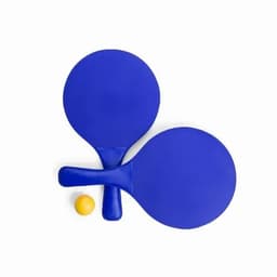 A blue paddle set with two paddles and a yellow ping pong ball.