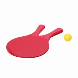 A red set of paddle bats and a yellow ball for outdoor sports activities, featuring a simple design.
