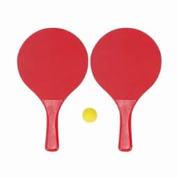A set of two red paddle bats and a yellow ball for leisure sports activities. Each paddle features a handle and a smooth surface.