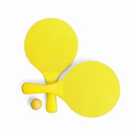 A set of bright yellow paddle bats with a yellow ball positioned between them.