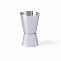 A drink bottle in a metallic silver finish, featuring a sleek, two-tiered design and a branding logo.