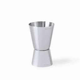 A stainless steel jigger with a conical shape, featuring a logo on the side.