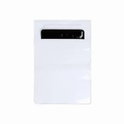 A clear, white pouch with a black top closure. It includes a logo on the front.