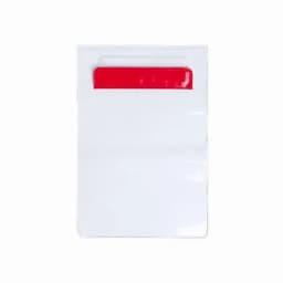 A white pouch with a red zip closure and a branding logo displayed at the top.