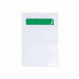 A clear plastic badge holder with a green top. It features a horizontal design for easy access.