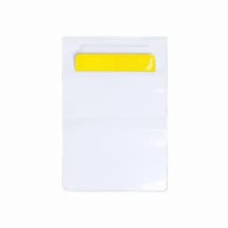 A clear plastic card holder with a bright yellow clip at the top. The holder is blank and unmarked.
