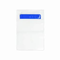 A clear plastic badge holder with a blue top. It features a slot for easy insertion of a card.