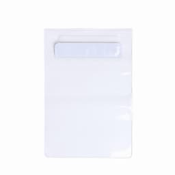 A clear plastic document holder featuring a white flap at the top and an open pocket for storing papers.