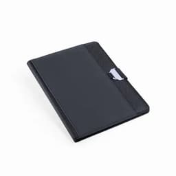 A black document folder with a textured finish and a silver clasp closure. It features a logo on the front.