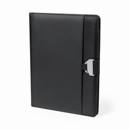 A black folder with a textured surface and a silver clasp. It features a logo on the front.