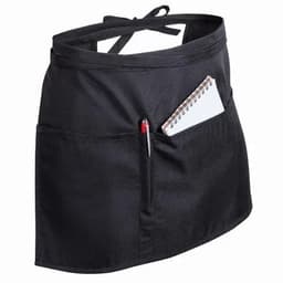 A black apron featuring two pockets, one with a notepad and pen. The apron has an adjustable tie at the waist.