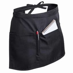 A black apron featuring two pockets, one with a notepad and a pen. The apron has an adjustable tie at the waist.