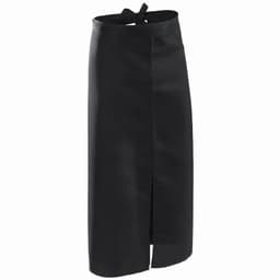 A black apron with a tied waistband and a front split, made from a smooth material.