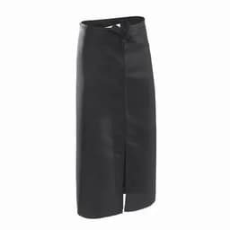 A black skirt with a front slit and a tied waistband, featuring a sleek and simple design.