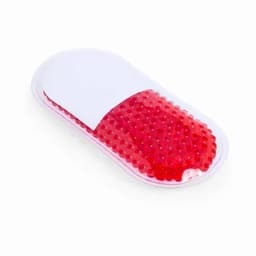 A red gel pack in a clear plastic casing, designed for soothing purposes, featuring a smooth surface.