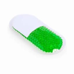 A green gel-filled pouch with small beads inside, enclosed in a clear plastic casing.