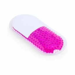 A gel pack in a clear pouch, featuring a bright pink color and a smooth texture. It has a white seal on one side.