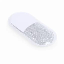 A clear, oval gel pack with a smooth surface, contained in a white plastic casing.