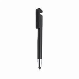 A black pen with a silver accent and a clip. The pen has a sleek design.