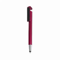 A metallic pink pen with a silver tip and a clip attachment. It has a sleek design and a smooth finish.