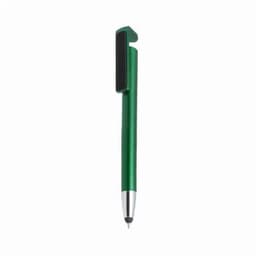 A green pen with a metallic silver tip and a clip at the top. It features a smooth, sleek design.