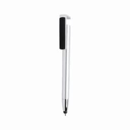 A pen with a shiny silver barrel and a black grip. It features a clip for attachment.