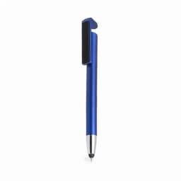A blue pen with a metallic finish and a clip, featuring a black tip for writing. It includes a branding logo on the clip.