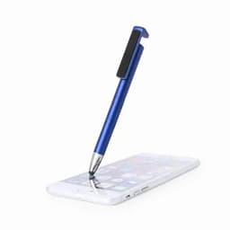 A blue stylus pen rests on a white smartphone screen, featuring a silver tip and a clip.