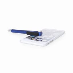 A blue stylus resting on a white smartphone, with a sleek design and a visible logo.