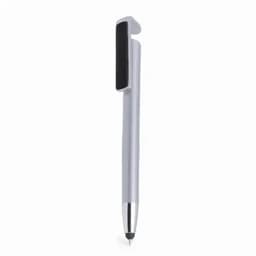 A silver pen with a sleek design featuring a clip for easy attachment. It has a black tip and an overall polished finish.
