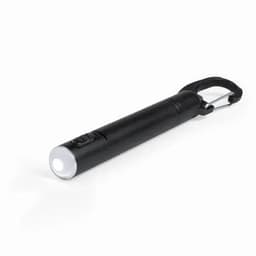 A black pen light with a carabiner clip and a button for operation. It features a bright LED light at the front.