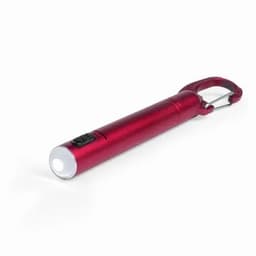 A red metal penlight with a clip and button for operation. It emits bright white light from the front.