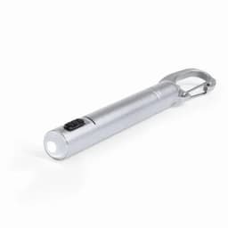 A silver flashlight with a carabiner clip and a button for operation.