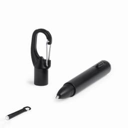 A black pen with a clip and removable cap, featuring a sleek design suitable for writing.