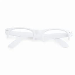 A pair of white glasses with a minimalist design and visible branding on the sides.